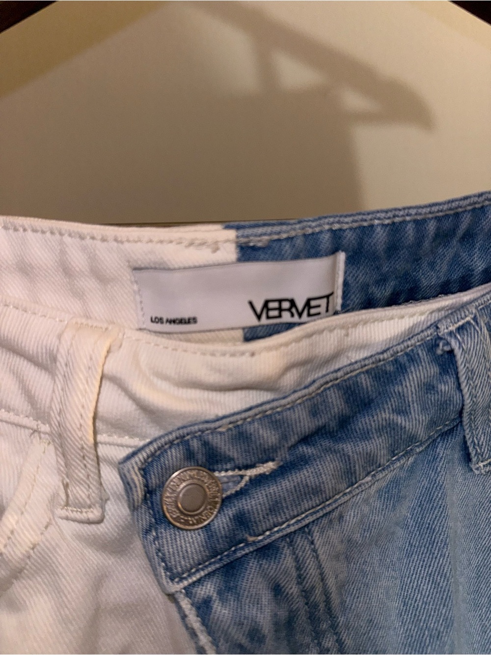 Two-Tone White and Light Blue Cropped Distressed Jeans - Picture 9 of 10